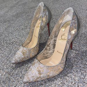 Christian Louboutin Metallic Silver Lace And Glitter Follies Pointed Toe Pumps